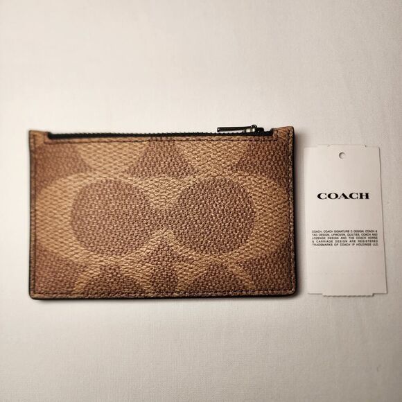 NWT Coach CV764 Zip Card Case Gunmetal/Walnut/ Chalk Signature Canvas/Leather